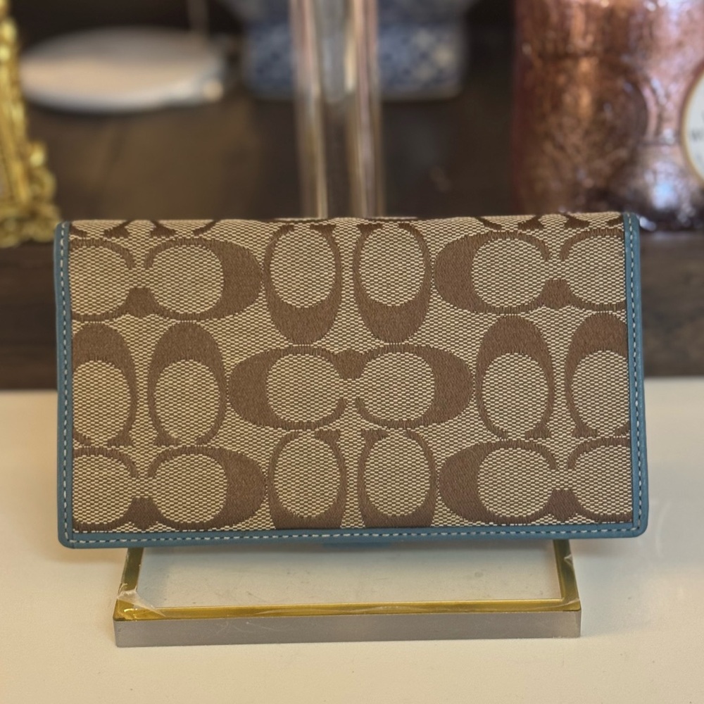 🤎🩵 COACH VINTAGE BROWN/ BLUE JACQUARD SIGNATURE C CHECKBOOK WALLET!
